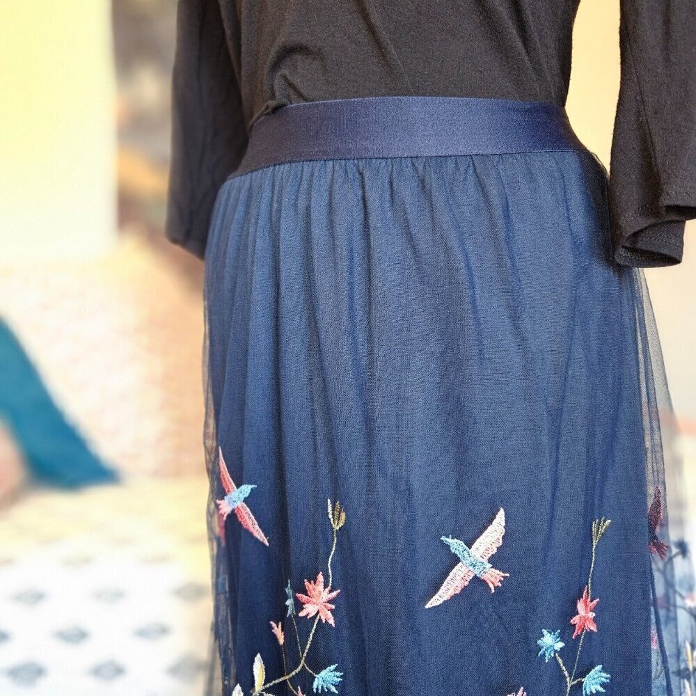 Reserved Navy Embroidered Floral Tulle Midi Skirt S - Picture 5 of 14